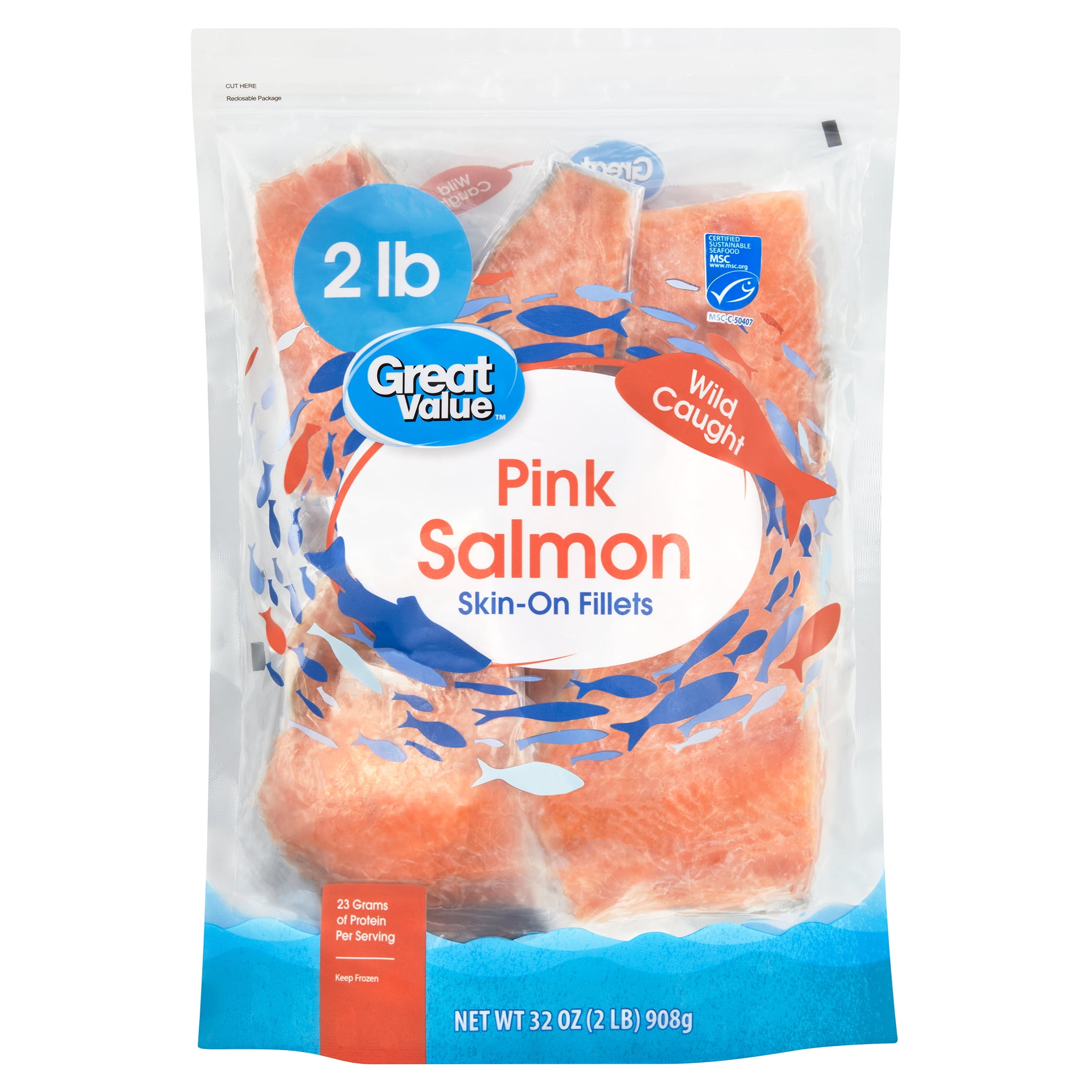 Great Value Wild Caught Pink Salmon Skin-on Fillets, 2 lb Bag (Frozen)