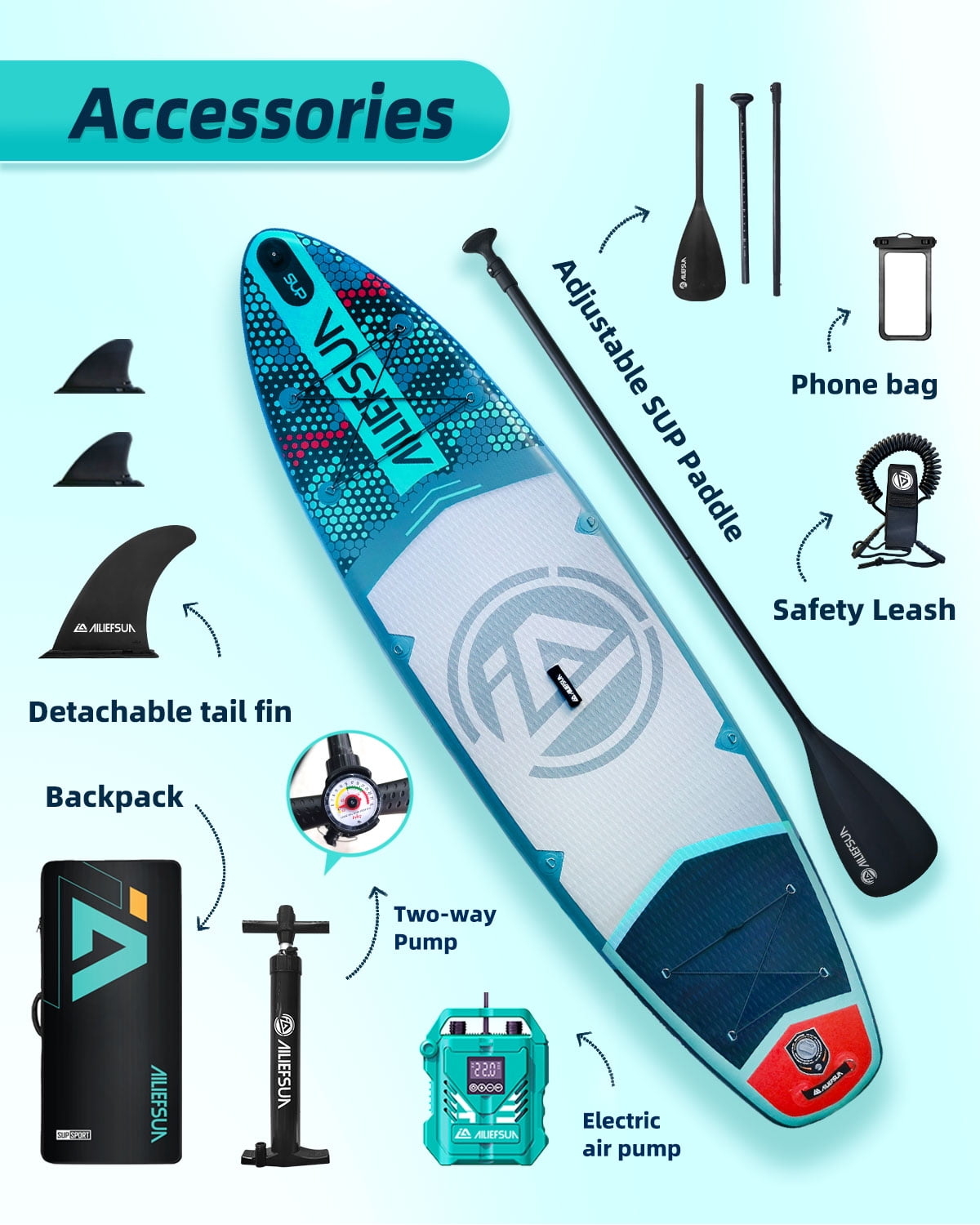 Electric Pump Azure Mist  11'6"*35"*6" Ailiefsun Stand Up Paddle Board Inflatable Stable Sup Board with Fishing Paddleboards Accessories for Adults Youth Wide Non-Slip Deck Surfboard