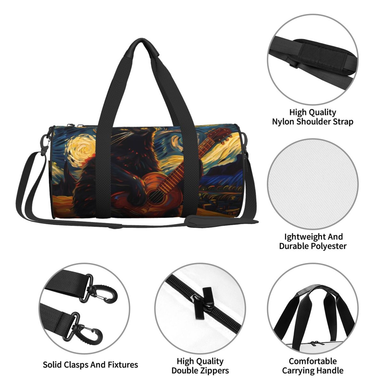 Vsdgher Starry Night Cat Guitarist 45L Foldable Duffel Bag, Sports Gym Bag,Overnight Bag, Portable Weekender Bag for Airplanes