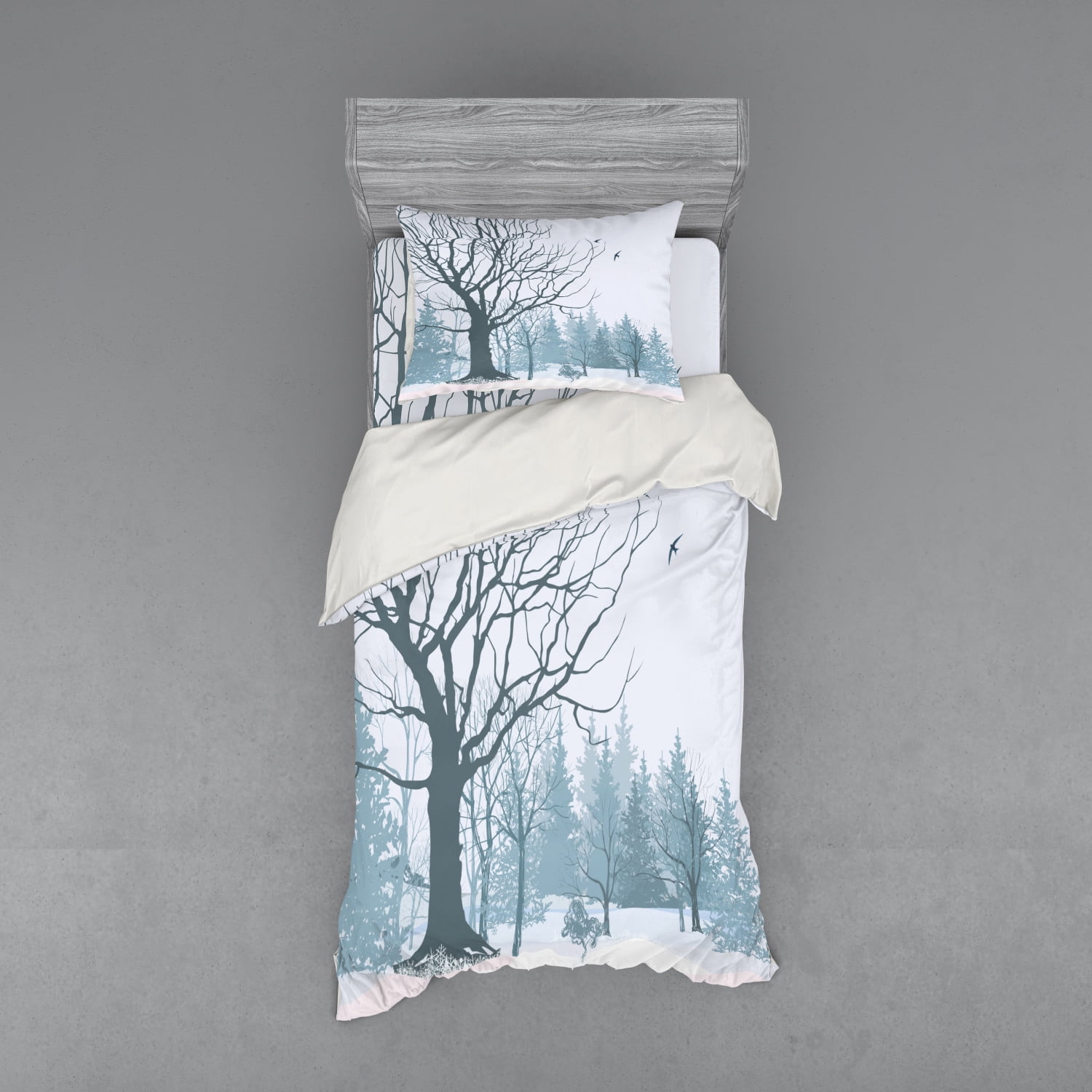 Winter Duvet Cover Set, Winter Season Theme a Tree Without Leaves in