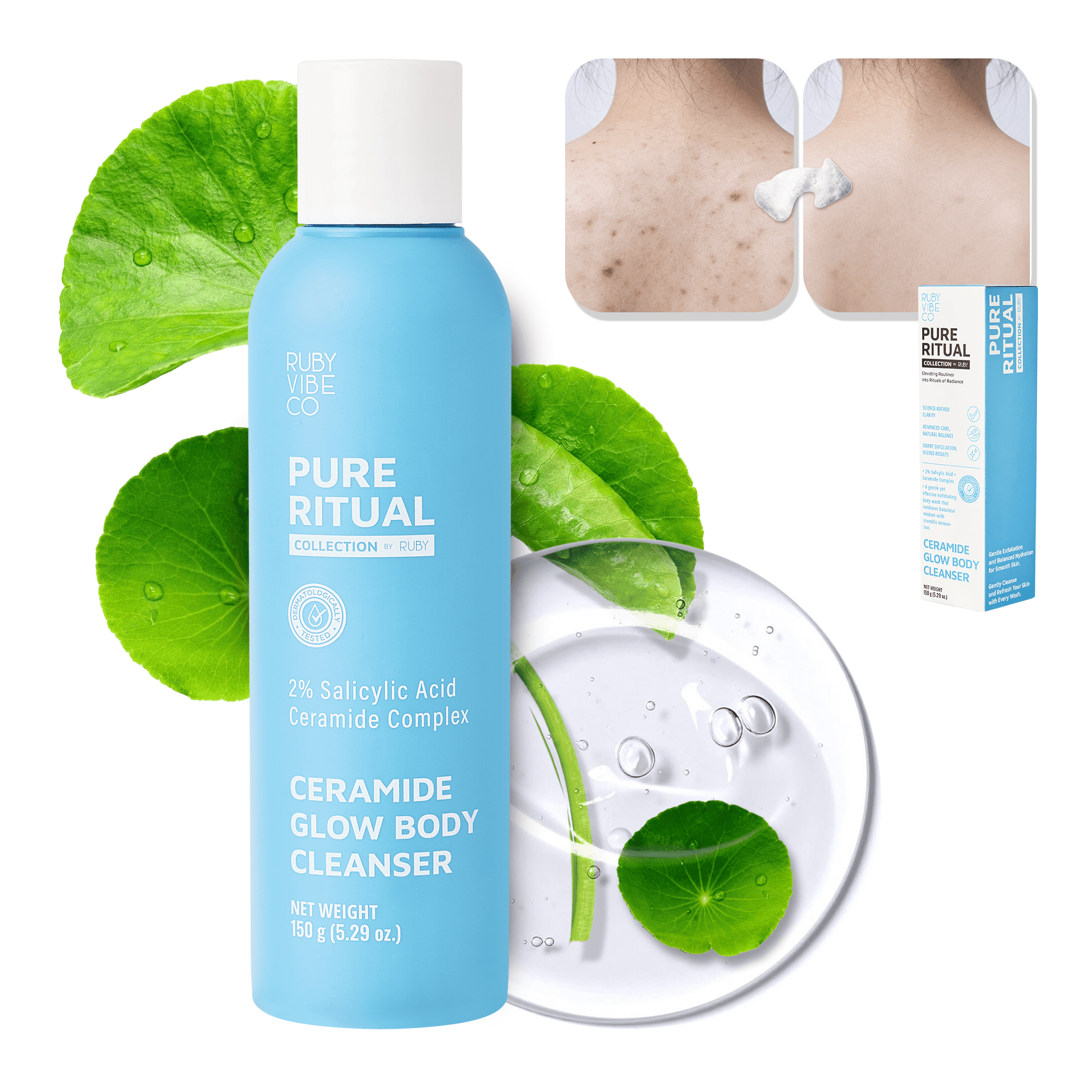 RUBY VIBE CO Ceramide Glow Body Cleanser with 2% Salicylic Acid & Ceramides, Exfoliating Body Wash for Dry Skin, 5.29 floz