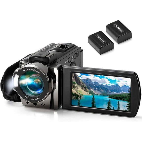 Video Camera Camcorder Digital Recorder Full HD 1080P 15FPS 24MP 3.0 Inch 270 Degree Rotation LCD 16X Zoom with 2 Batteries()