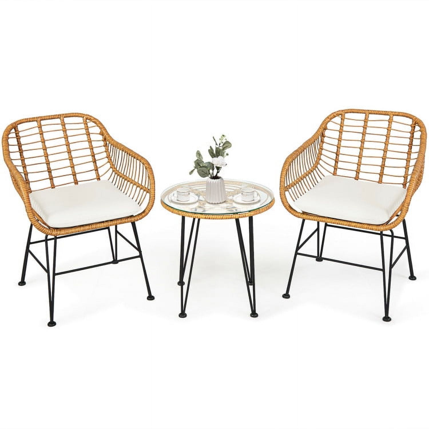 Aimee Lii 3 Pieces Rattan Furniture Set with Cushioned Chair Table, Outdoor Patio Furniture, White Aimee Lii 3 Pieces Rattan Furniture Set with Cushioned Chair Table, Outdoor Patio Furniture, White