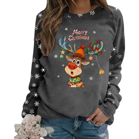 FYEGRE Women s Autumn Cotton Christmas Sweatshirt Large Size – Christmas Sweatshirt without Hood Round Neck Oversized Sweater Winter Sweatshirt Printed with Pattern Grey XL