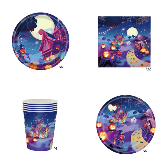 Halloween Tableware Set Vintage Halloween Theme Pattern Disposable Party Supplies inchlude 9 &7 Inch Paper Plates 6.5 Inch Napkins and Cups for 20 Guests