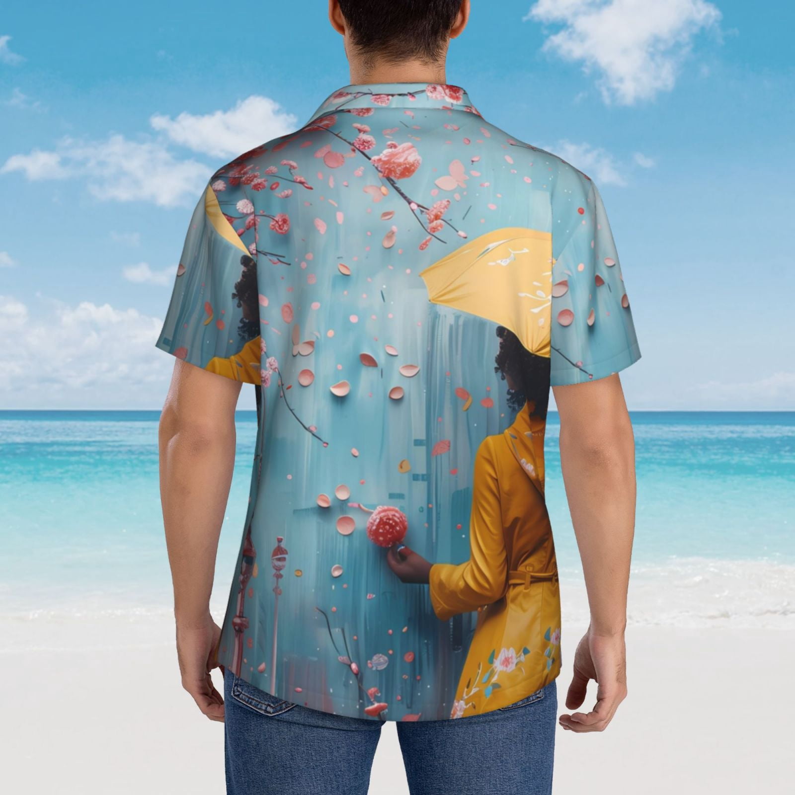 Logiee Woman Under Blossoming Tree Print Mens Hawaiian Shirts,Loose-Fit Short Sleeve Button Down Tropical Aloha Beach Shirt,Summer Vacation Wedding Tops,Large