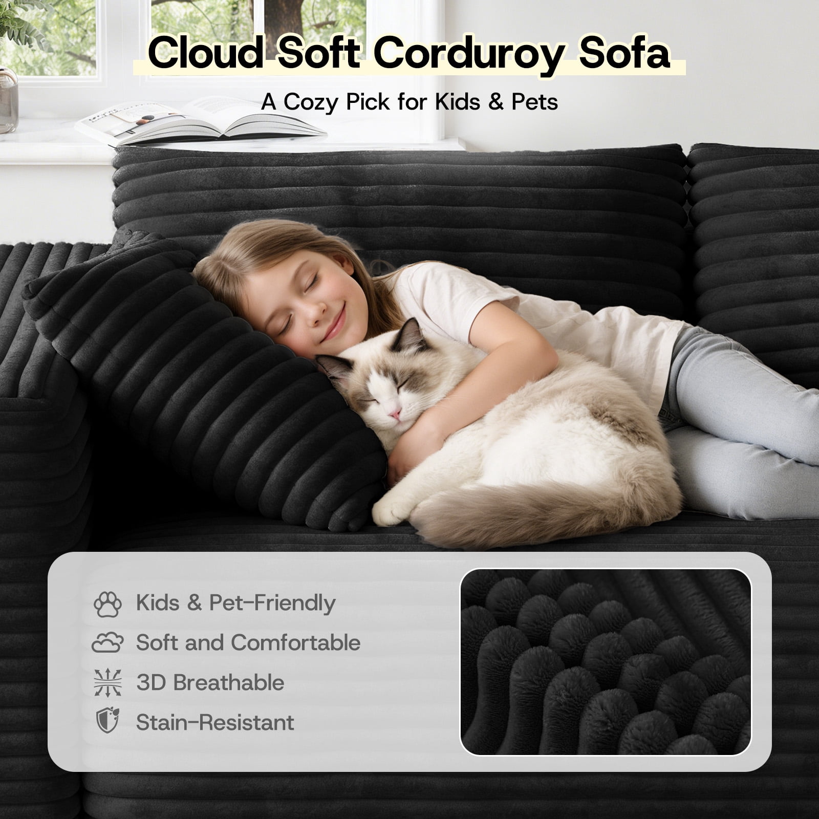 Patbrela 106" Sectional Couch for Living Room, L-Shaped Boneless Cloud Couch Corduroy Modern Sectional Sofa with Deep Seat and Thickened Cushion, No Assembly Required, Black