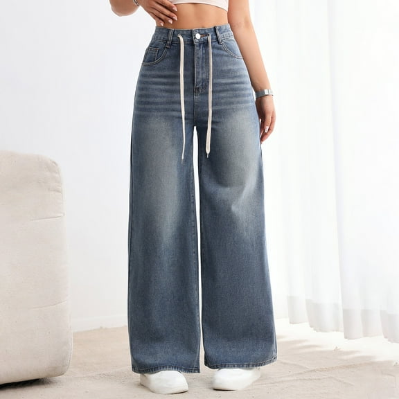 QIUOMBBP Womens Drawstring High Waist Wide Leg Jeans Stretch Baggy Denim Pants with Pockets Classic Button Up Flared Pants, Blue, L