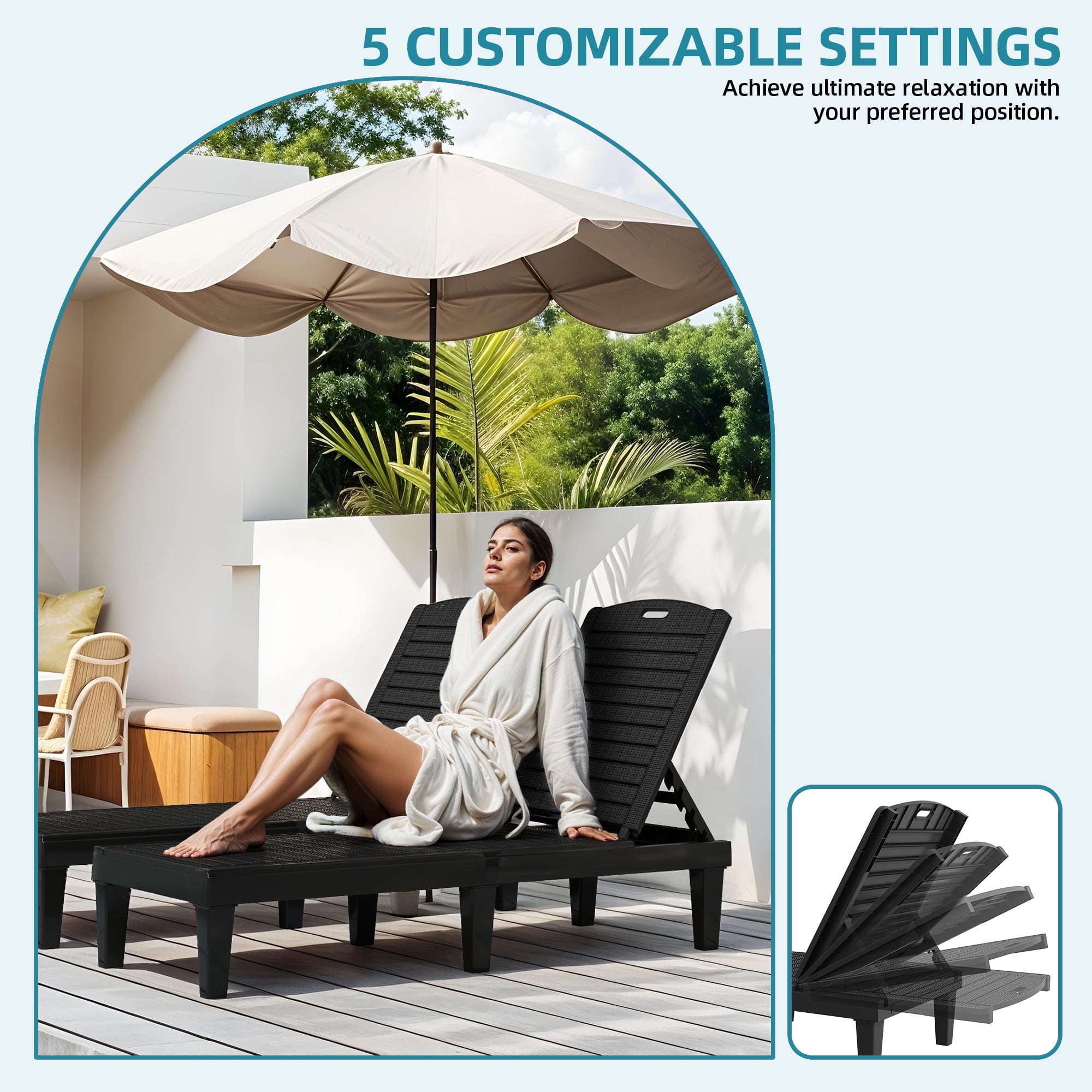 Uforic Outdoor Plastic Chaise Lounge Chair, 5-Position Adjustable Waterproof Poolside Recliner, Easy Assembly Patio Lounger for Garden Backyard, Black, 1 Piece