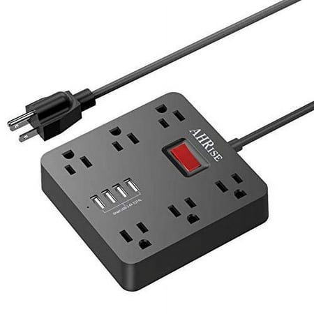 Power Strip, AHRISE Extension Cord with 6 AC Outlets and 4 USB Charging Ports(5V/3.4A,17W) for Smartphone Tablets Home, Office, Hotel, Cruise Ship, 5 Feet Long Cord, ETL Listed -Black