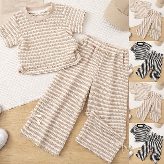 BRGZLK Boy Girls Short Sleeve Toddler Summer Outfit Striped T-Shirt Wide Leg Pants Two Piece Clothes Set For 2-9 Years Old Round Neck Top/Shirt Set