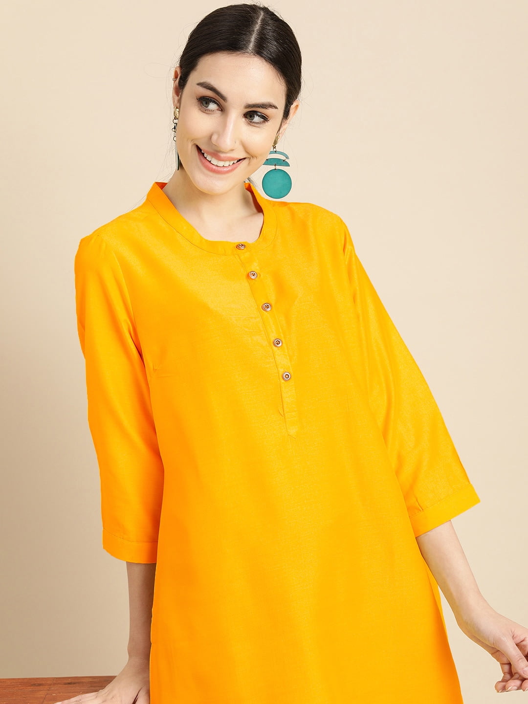 Anouk - By Myntra Indian Women Daily Wear Yellow Solid Straight Mandarin  Collar Calf Length Three-Quarter Sleeves Polyester Kurta Ready To Wear Dress  