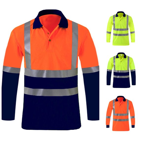 LIIPEE High Visibility Reflective Polo Shirt For Men Long Sleeve Tennis Collar Shirts Male Comfortable Breathable Polos Workwear,L