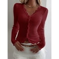 thumbnail image 5 of Womens Cardigan Sweaters Lace Ruffle Trim V Neck Long Sleeve Button Front Ribbed Knit Cute Fitted Crop Tops Wine Red S, 5 of 9