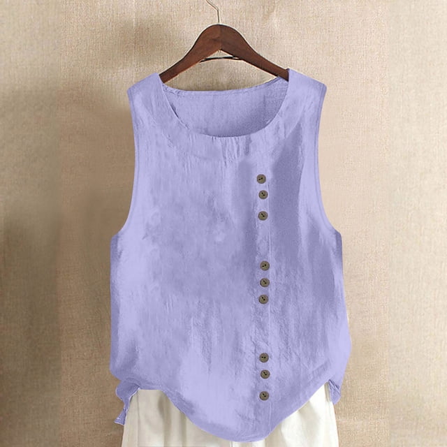 Womens Tank Tops, Womens Tank Top, Womens Solid Color Tank Top with Round Neck Faux Cotton and Linen Button Design and A Sense of Top with Round Neck Tank Tops