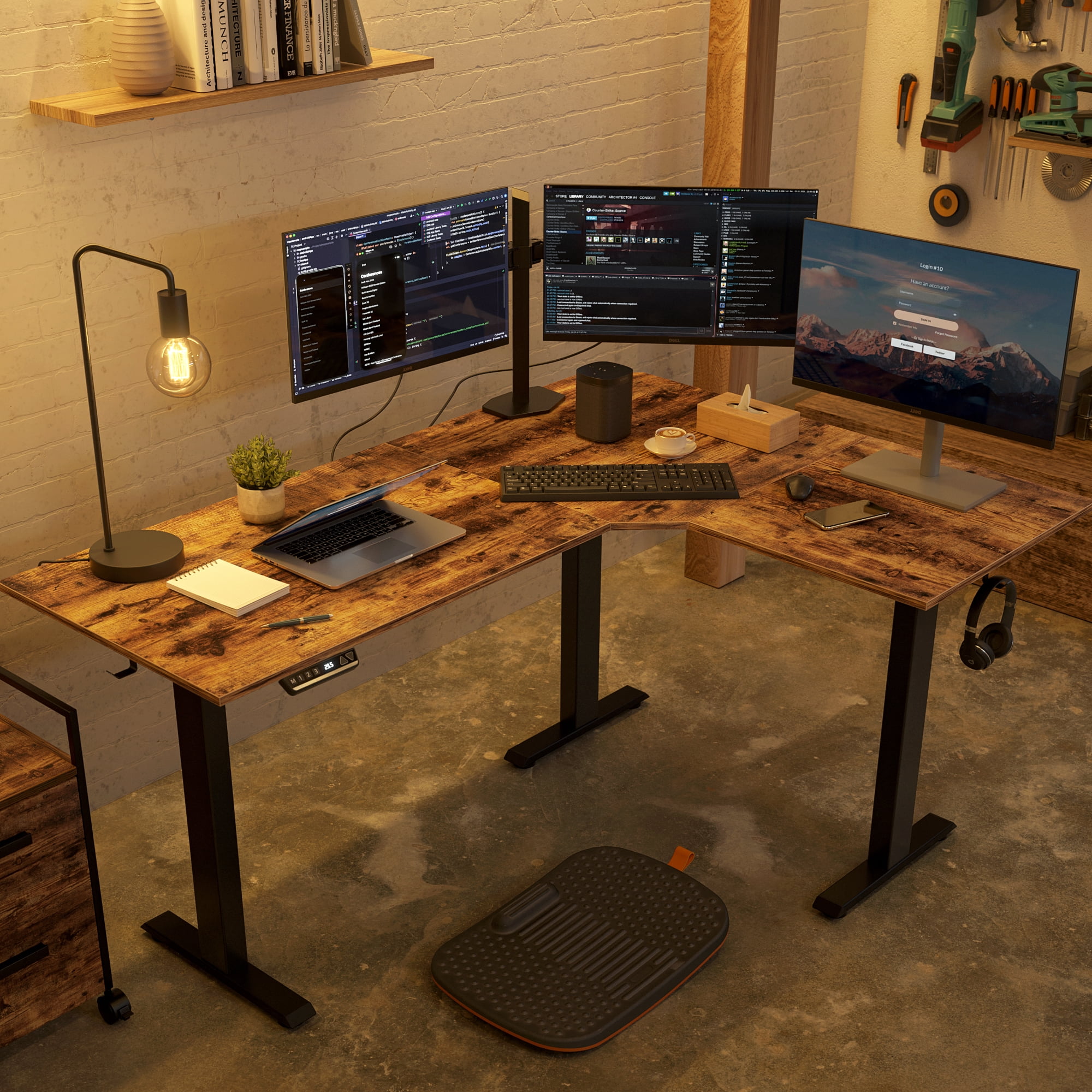 DESINO 63x48 Inch Triple Motor L Shaped Standing Desk Reversible, Electric Height Adjustable Corner Stand up Desk, Sit Stand Desk Computer Workstation, Black Frame/Rustic Brown Top