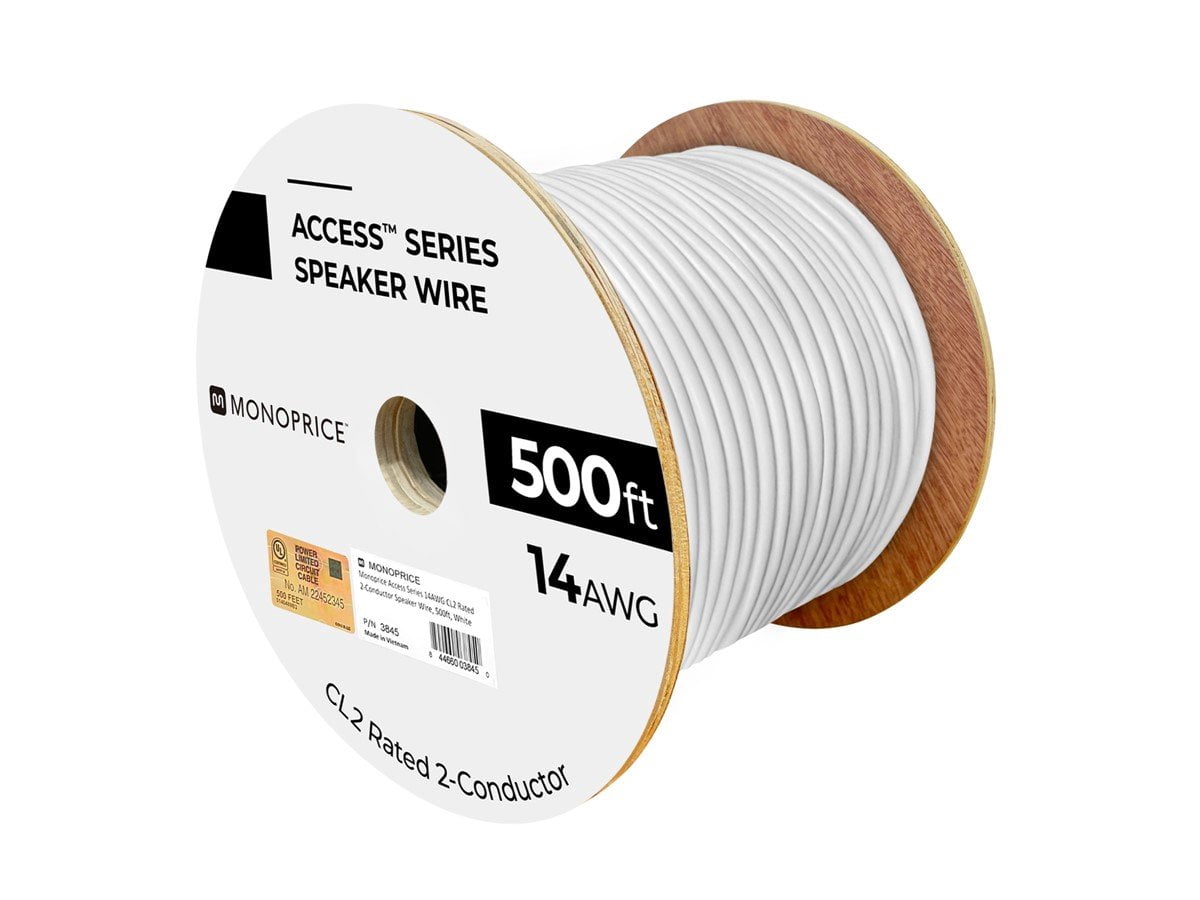 Monoprice Speaker Wire, CL2 Rated, 2-Conductor, 14AWG, 500ft, White