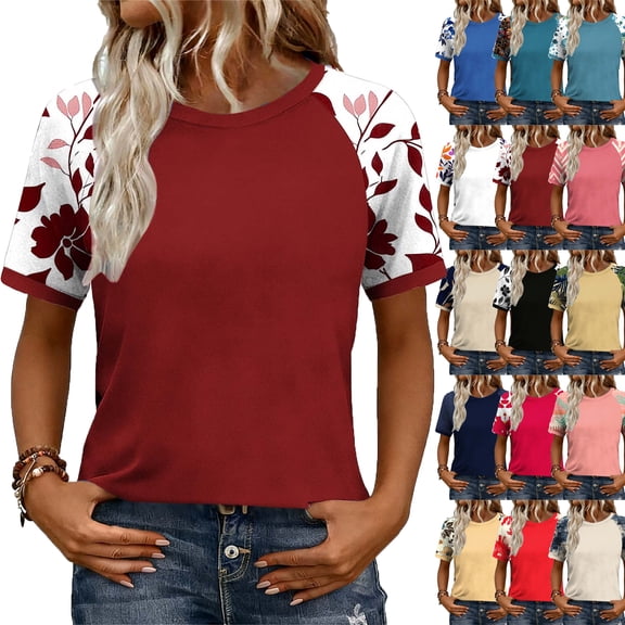 Lenago Womens Shirts Summer Tops Print Block Short Sleeve Shirts Spring Fashion Clothes Vacation Outfits