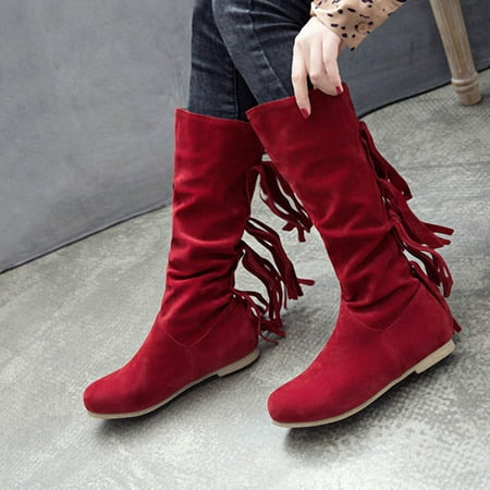 

Fringed Round Toe Warm Autumn And Winter High Boots Long Boots Low Heel Retro Women s Boots