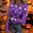 thumbnail image 2 of Halloween Womens Tops Long Sleeve Slim Funny Pumpkin Ghost Tunic Tops Party Spring Day Crew Neck Ribbed Tee Tops Dark Purple M, 2 of 6
