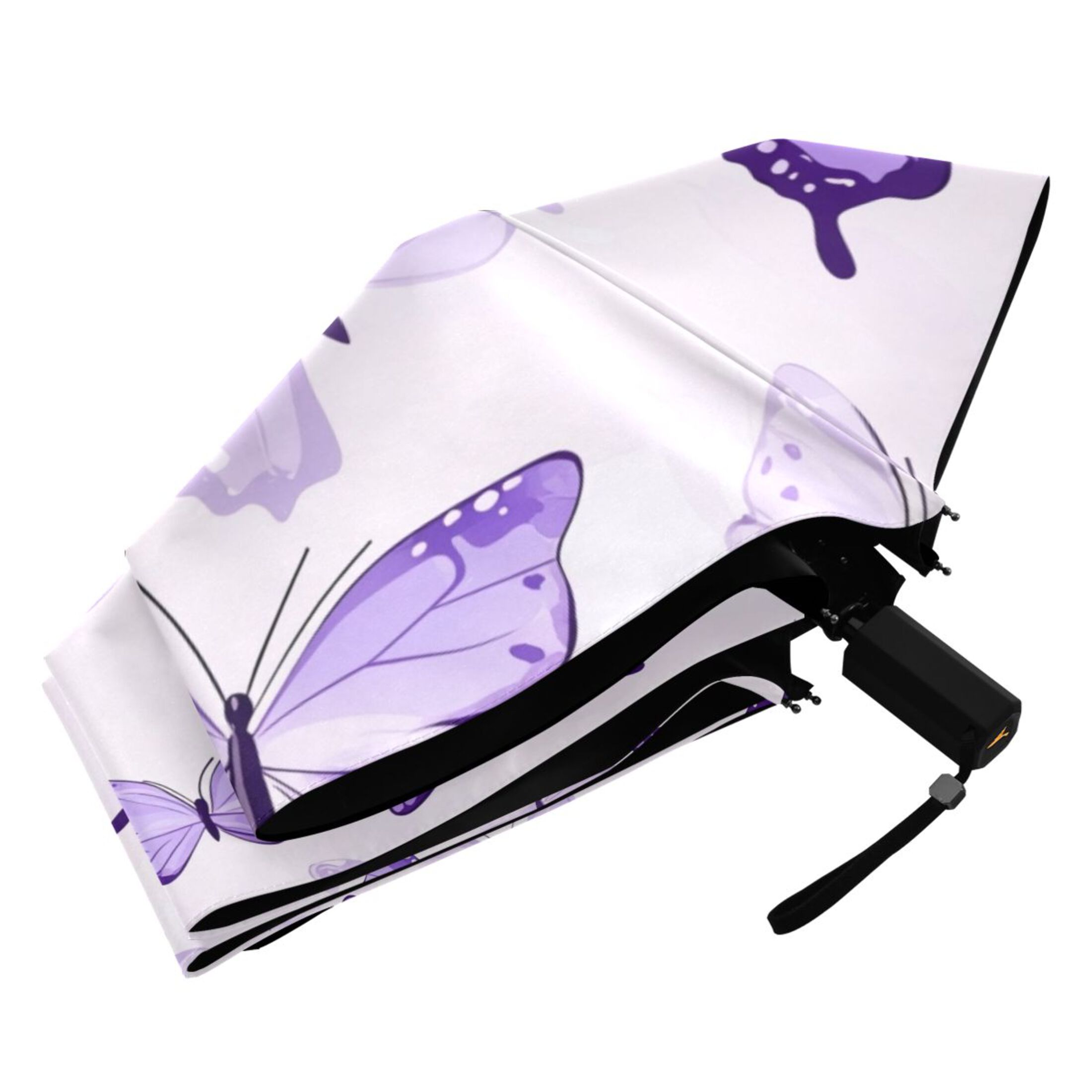 Purple Butterflies Flying All Weather Umbrella Triple Folding Parasol 6 Ribs UV Protection Portable