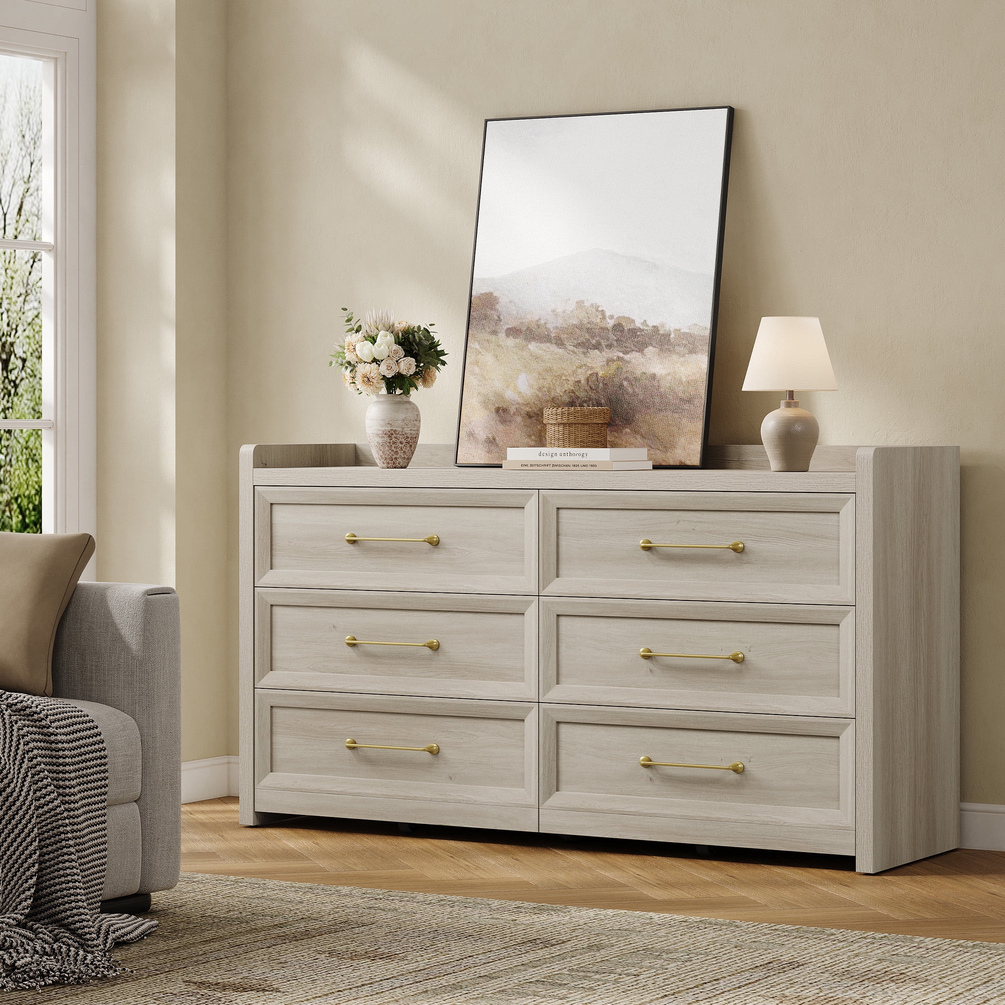 SICOTAS 56.4"W Farmhouse 6 Drawer Double Dresser, Long Chest of Drawers with Brass-tone Handles & Rolling Wheels, Wooden Dresser Storage Cabinet for Bedroom Living Room, White Oak
