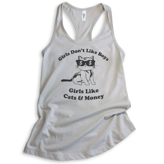 Girls Don't Like Boys Girls Like Cats and Money Tank Top, Ladies Racerback Tank Top, Cat Tank, Silver Gray, Large