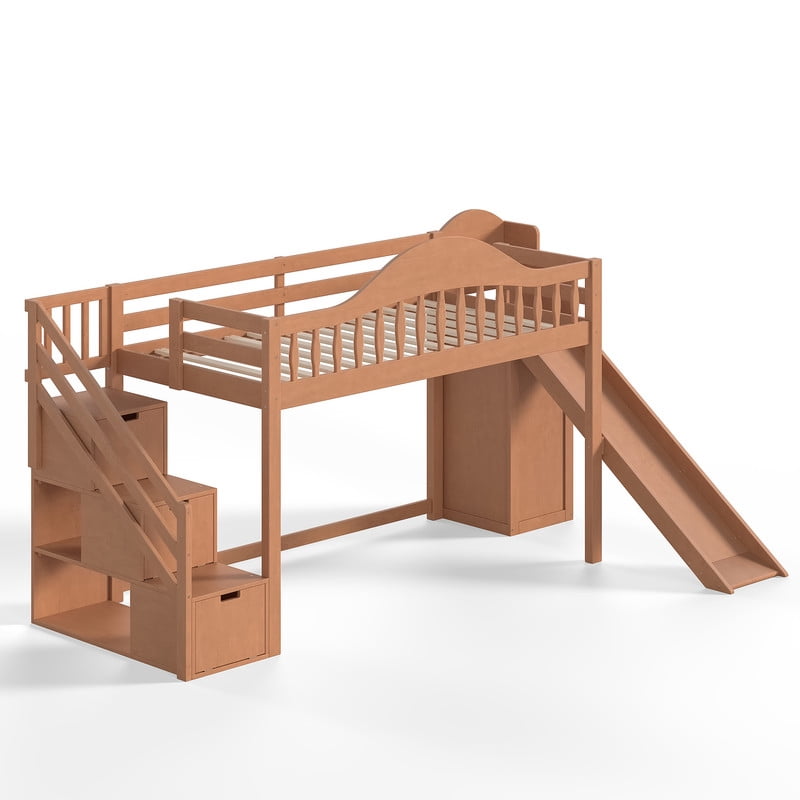 Twin Size Kids/Teens Loft Bed with Storage Staircase, Slide & Wardrobe, Princess Bed Frame with Curved Guardrail