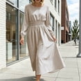 thumbnail image 4 of FRSASU Women's Long Sleeve Striped A Line Midi Dress Round Neck Smocked Elastic Waist Flowy Casual Daily Holiday Long Dress Beige, 4 of 8