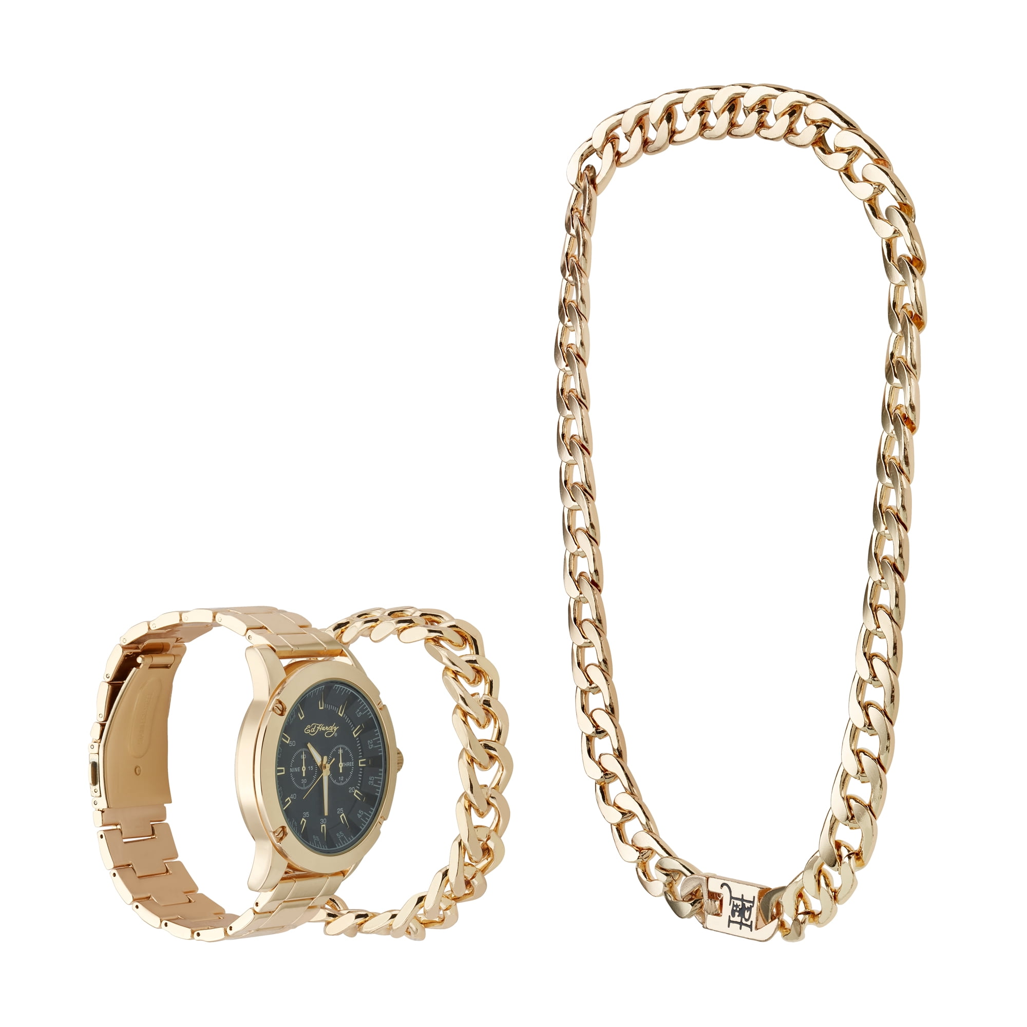 Ed Hardy Men's Shiny Gold Metal Strap Watch 46mm w/ Necklace & Bracelet Set