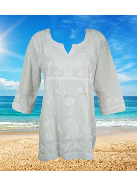 Womens Cotton Tunic, White Embroidery Soft Tunic Dress, Chikankari, Handmade Blouse, Summer Tunic, Gift, Bohemian Clothing