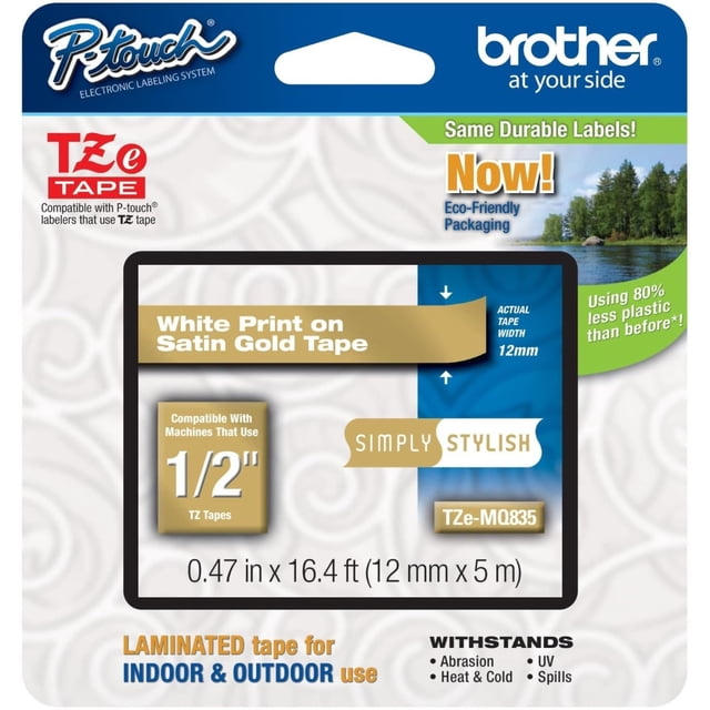 Cinta para etiquetas Brother TZE-MQ835 12 mm dorado satinado con impresión blanca
