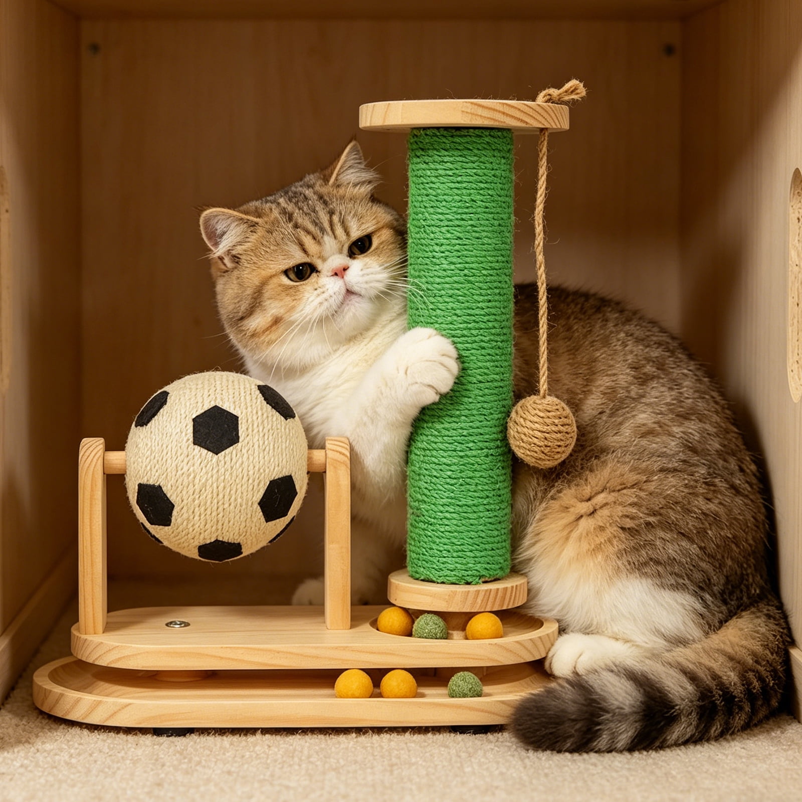 Interactive Cat Teaser Ball Toy, cat tree，cat tree for indoor cats large adult，Multifunctional Wooden Cat Activity Center, Durable Sisal Cat Scratching Post, Compact Pet Play Furniture