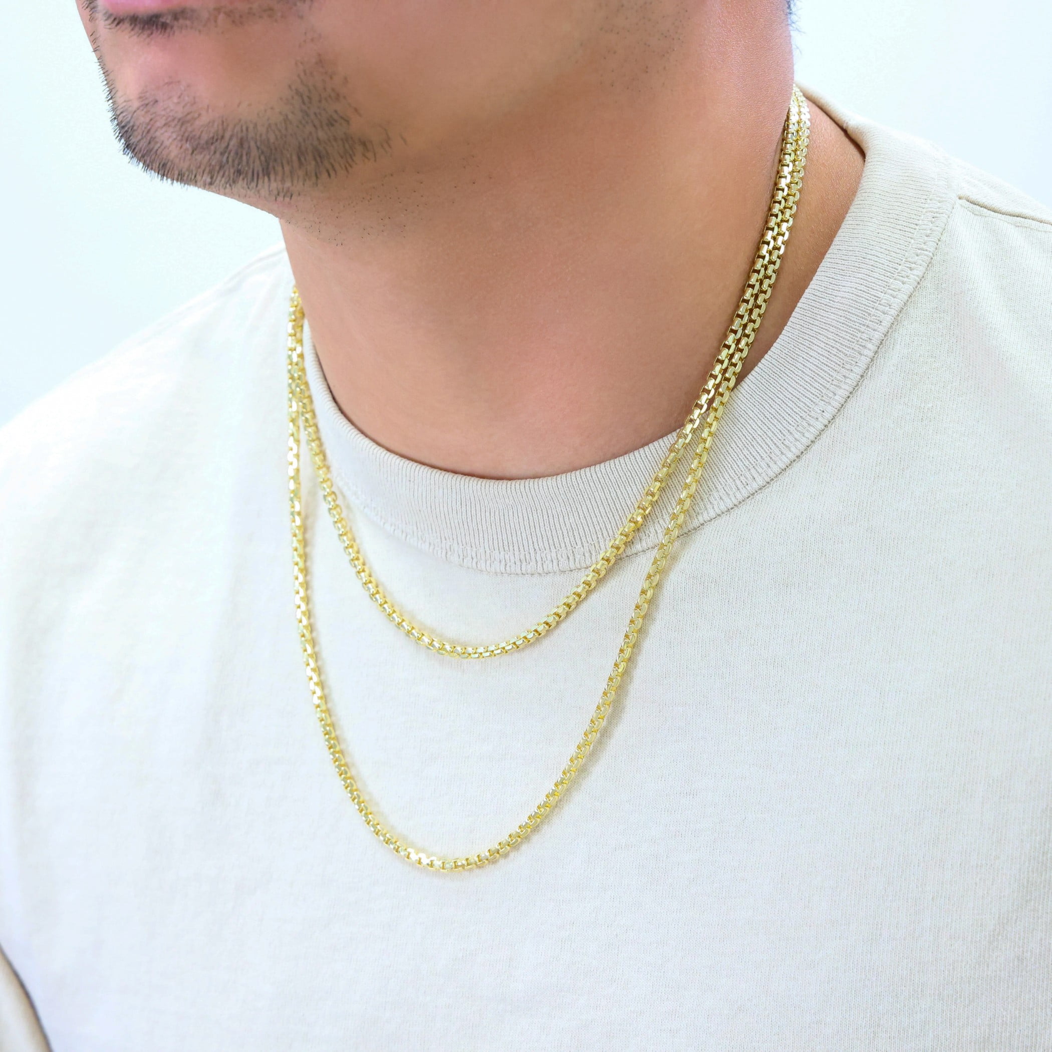 Nuragold 10k Real Yellow Gold Round Box 3.5mm Venetian LInk Chain Necklace (16"-30") Italian Jewelry for Men & Women