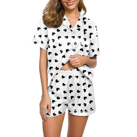 Pajama Sets for Women 2 Piece  Sleep Sets for Women  Pjs Sets for Women  Soft Womens Pajama Sets  Women s Soft Two-piece Printed Pajama Set Short Sleeved Shorts Set Casual Clothing Set Pajamas  White