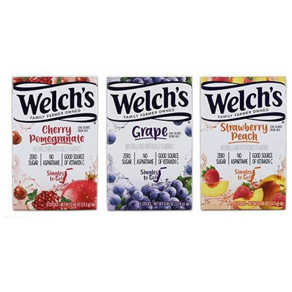 Welch's Singles to Go Flavored Drink Mixes - Grape - Strawberry Peach - Cherry Pomegranate - Pack of 6