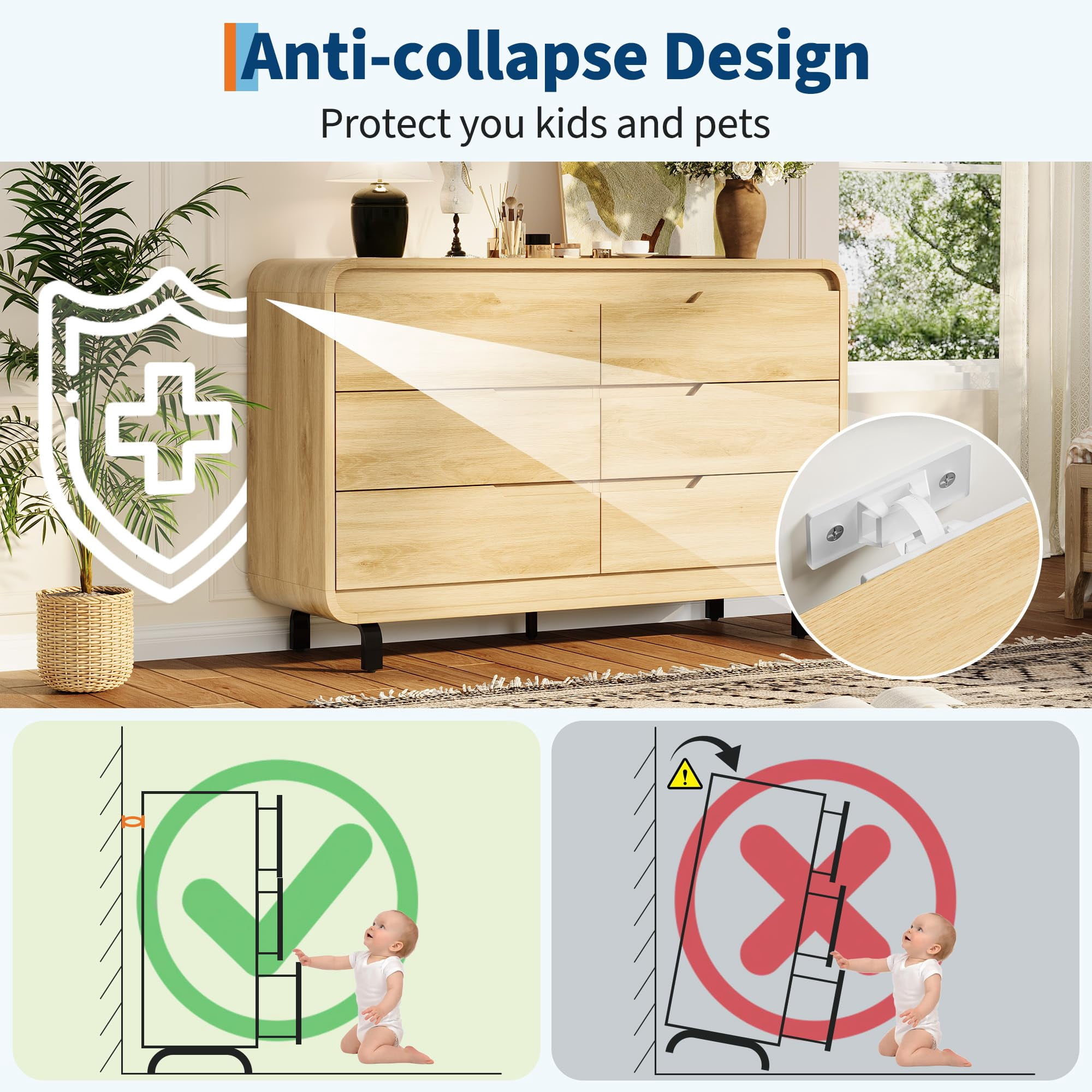 6 Drawers Dresser for Bedroom & Nursery, Modern Dresser with Safe Rounded Corners & Hidden Handles,Wooden Dresser Chest with Heavy Duty Anti-Tip Structure, Wide Storage Cabinet for Living Room