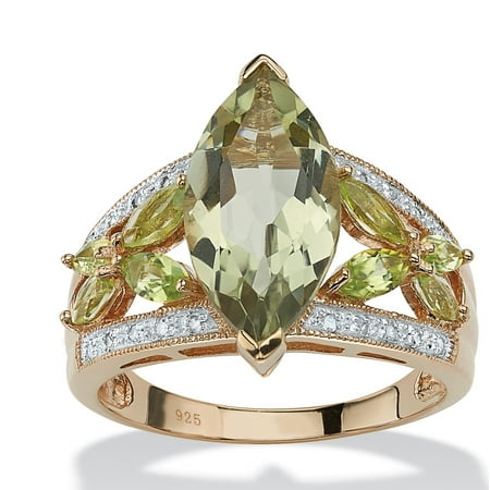 White Gold Genuine Amethyst Ring - 4.83 TCW Marquise-Cut Genuine Green Amethyst and Diamond Ring in 18k Gold over Sterling Silver