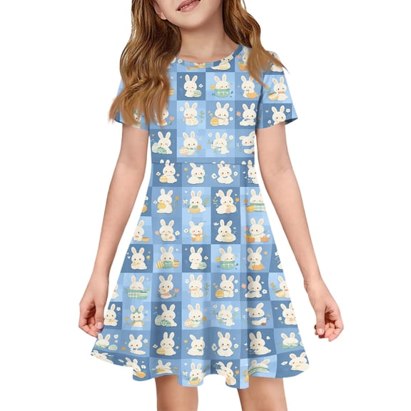 Easter Girls Short Sleeve Casual Dress with Cartoon Bunny Print Crewneck Soft Fabric A Line Comfortable Daily Wear Skater Style
