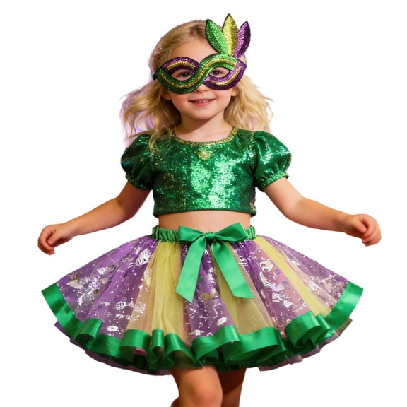 Bainana Mardi Gras Skirt For Girls Toddler Colorful Floral Print Elastic Waist Multi-Layered Skirts With Mask Party Birthday Dance Performance Child Teen Girls Ballet Tutu Skirt