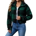 thumbnail image 2 of Scyoekwg Women's Cropped Plaid Sherpa Jacket Lapel Collar Button Front Fleece Coat Long Sleeve Warm Fall Casual Outerwear,Size:S-XXL, 2 of 7