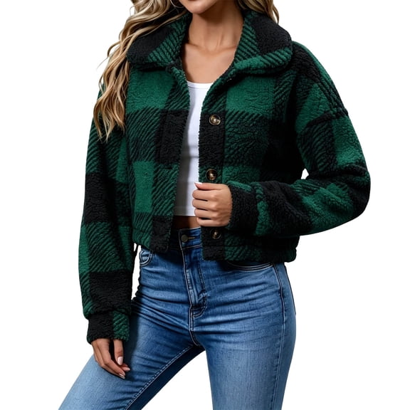 Maplenight Cropped Fleece Jacket Women Collared Plaid Button Down Winter Coat with Pockets Soft Warm Cozy Casual Work Office Jackets