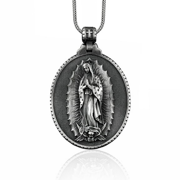 Silver Virgin Mary Guadalupe Men Necklace, Holy Mother Medallion, Our Lady of Guadalupe Necklace, Guadalupe Silver Charm, Catholic Necklace