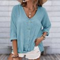 thumbnail image 4 of Camisa Superior Blusa de mujer Camisa suelta con cuello en V Camisas de verano Blusa de manga larga con un solo pecho Kuymtek Azul Xxl para Mujer, 4 of 7