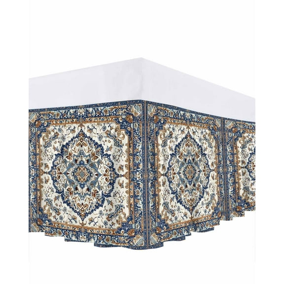 Vintage Floral Bed Skirt Navy Brown Classical Bohemian Style Bed Skirts Queen Size 18 Inch Drop, Wrap Around Dust Ruffle Bedskirt with Adjustable Elastic Belt for Queen Size Beds