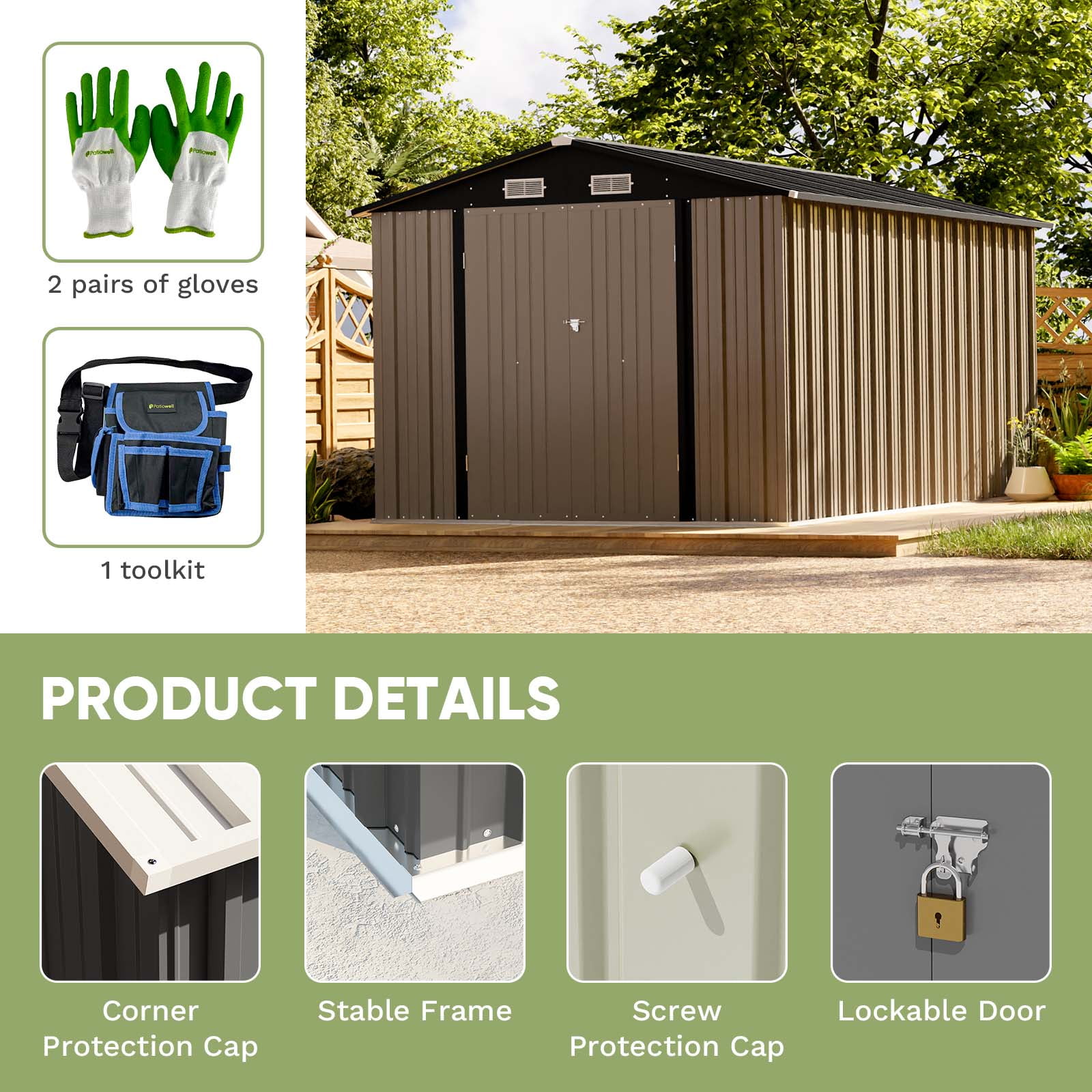 Patiowell 8' x 12' Metal Storage Shed, Lockable Steel Garden Shed for Outdoor Tools & Utility, Brown