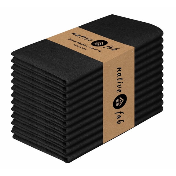 Native Fab Table Dinner Napkin Set of 12, Soft Cotton Reusable Fabric Cloth Napkins, 17x17 inches - Black