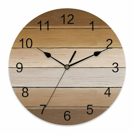 Wall Clock Khaki Wood Grain Clocks PVC Silent Non-Ticking Battery Operated Decorative Brown Ombre Wooden Round Clock for Home Living Room Kitchen Bedroom Office School Wall Decor 14 Inch