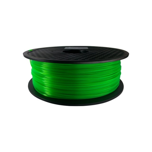 EL3D 3D Printer Filament in fluorescent green PLA, 1.75mm diameter, 1kg spool. The filament is a biodegradable thermoplastic polymer made from renewable resources like cornstarch or sugarcane. It is designed for 3D printing with a print temperature range of 190-220°C and a hot bed temperature of 0-50°C. The spool is shown with a vibrant green filament wound neatly on a black reel.