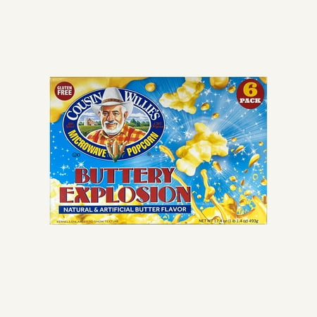 Cousin Willie's Microwave Popcorn Buttery Explosion, 2.9 oz Bags, 6 Count, Gluten Free, Non-GMO, Kosher